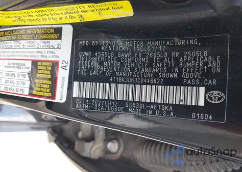 2012 Toyota Avalon из США, поврежденный, VIN 4T1BK3DB3CU446622